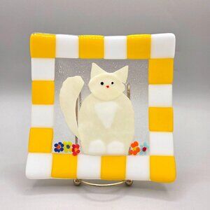 Fused Glass Cat Design Plate Flowers Checked Border Kitty Trinket Dish 6 x 6